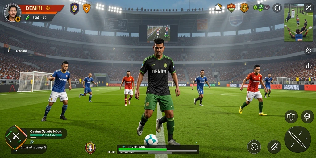Tampilan gameplay DEMI11 yang mendebarkan selama pertandingan sepak bola.