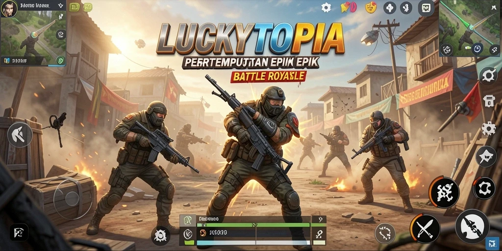 Tampilan gameplay LUCKYTOPIA yang menegangkan dalam pertarungan Battle Royale.