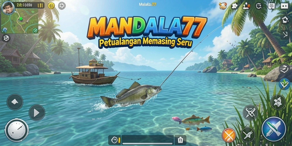 Tampilan gameplay MANDALA77 dengan banyak ikan yang menunggu ditangkap.
