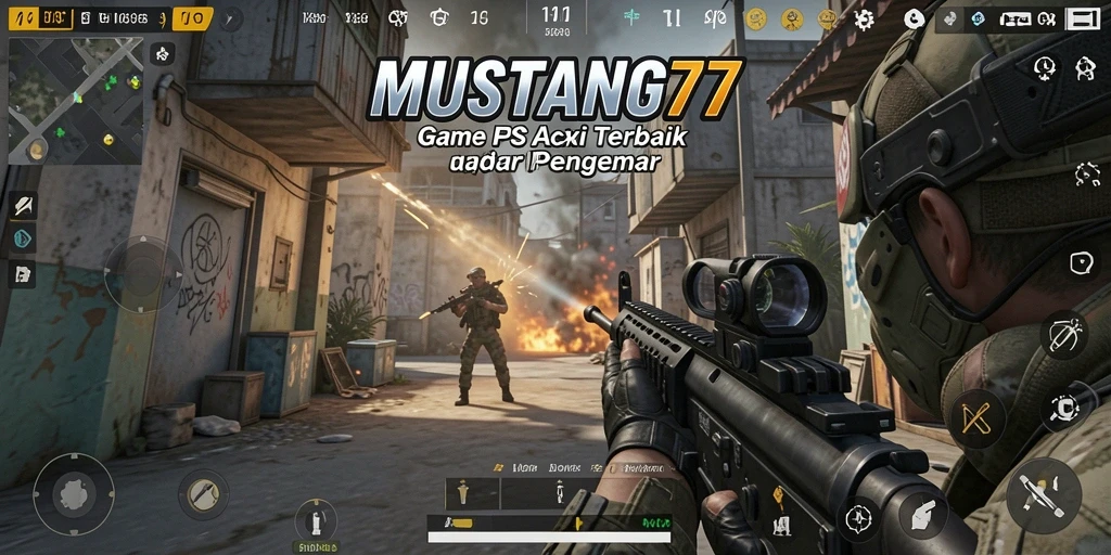 Tangkapan layar gameplay <strong>MUSTANG77</strong> menampilkan aksi intens di medan perang FPS.