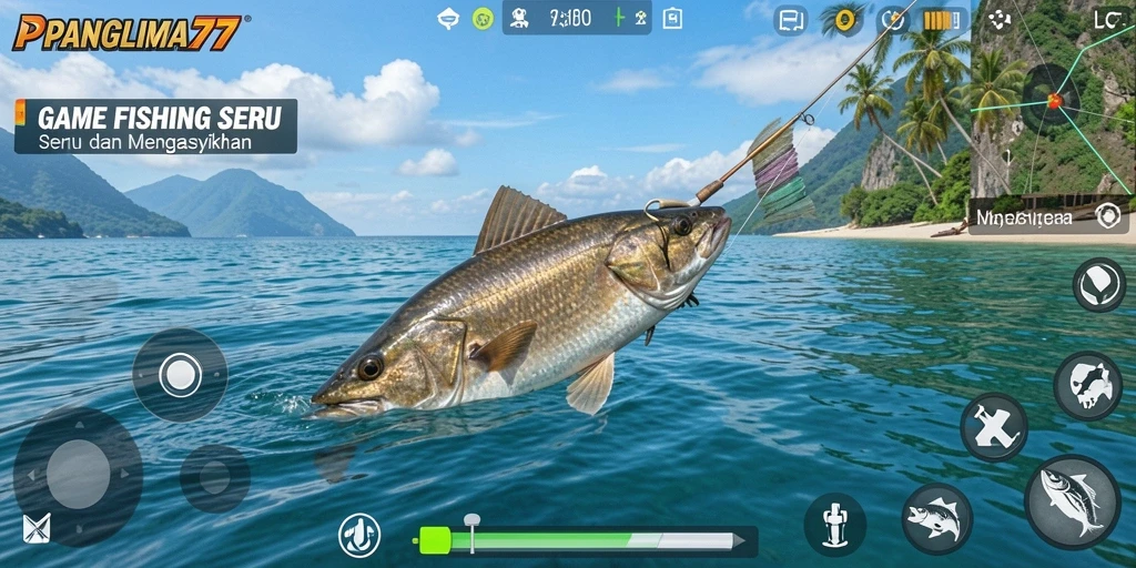 Screenshot gameplay <strong>PANGLIMA77</strong> menampilkan pengalaman memancing yang seru.